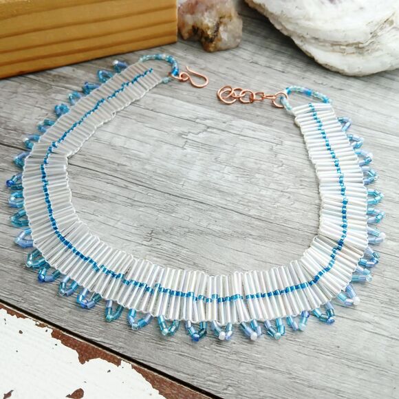 Iridescent Seed Bead Choker, Adjustable Choker Necklace, Artisan Boho Statement - Picture 7 of 7